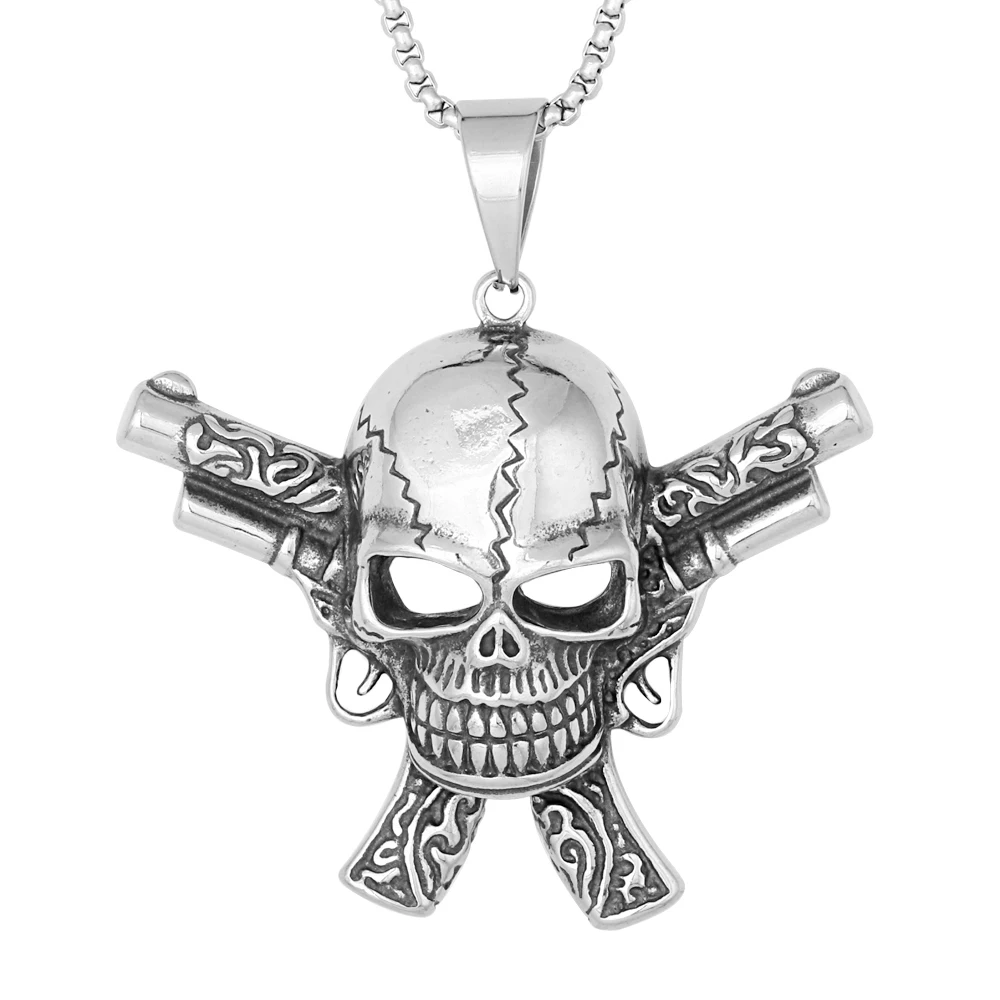 

Hip Hop Punk Jewelry Stainless Steel Double Gun Skull Pendant Necklace For Men Fashion Jewelry