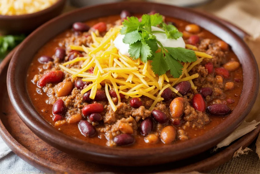 Serving bowl of hearty meat chili with ground beef, beans, and toppings including cheese, sour cream, and fresh cilantro