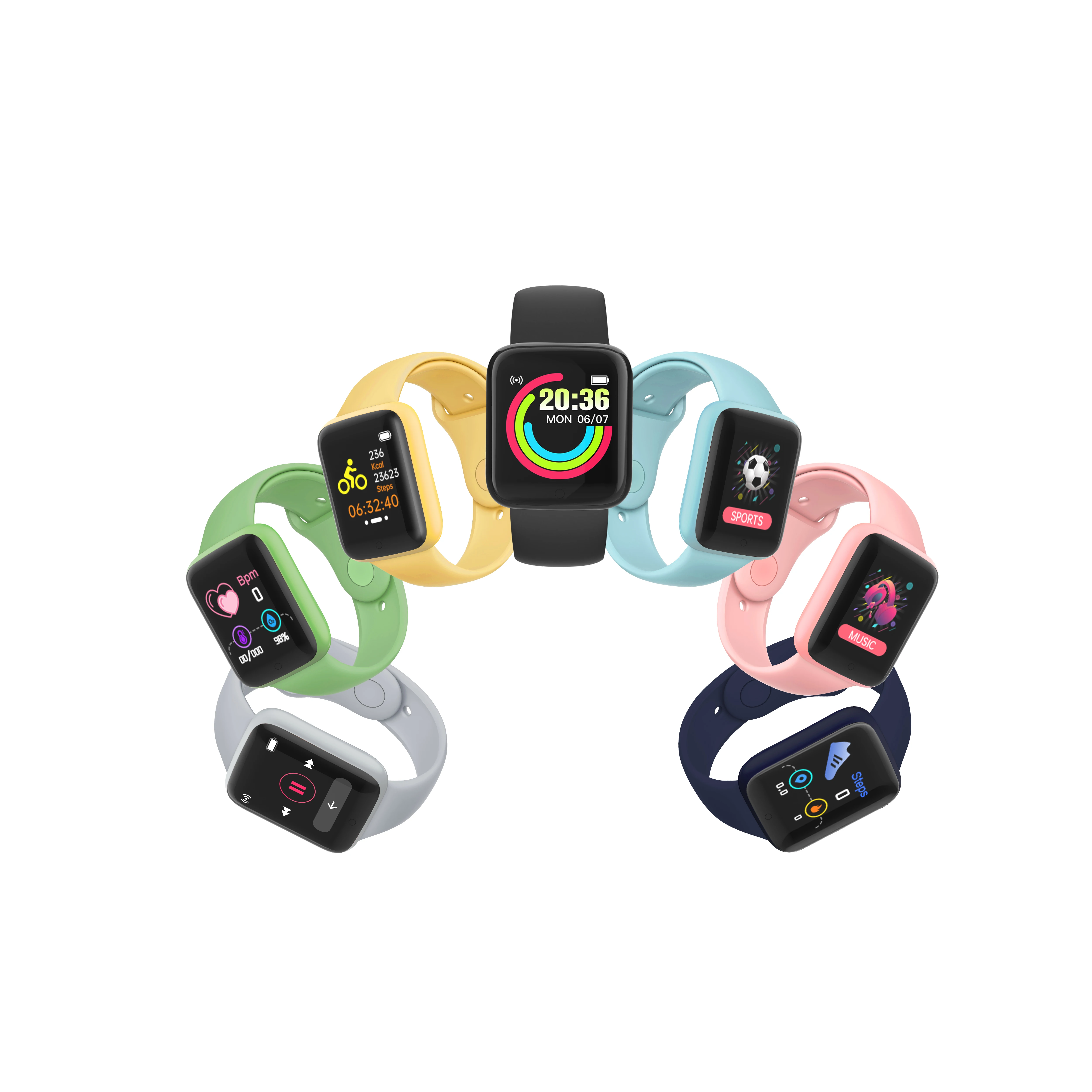 

2021 new trending Macaron D20 smartwatch with bt 4.0 heart rate Blood Pressure Blood Oxygen smart watch Y68 smart bracelet, Black,white,pink.blue,yellow,green,gray