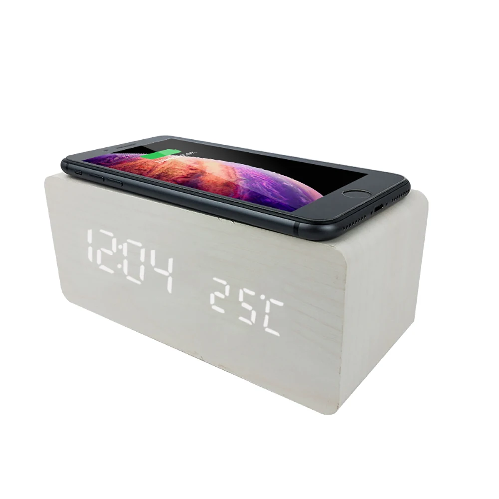 

Modern Multifunction Desk Table Square LED Digital sound control clock Wooden Alarm Clock Wireless Charging for Iphone Samsung