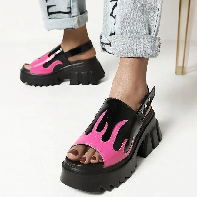 

Fire Pattern Surface Waterproof Anti-Slippery Thick Heels High Platform Ankle Strap Anti-Skidding Summer women sandals, Black