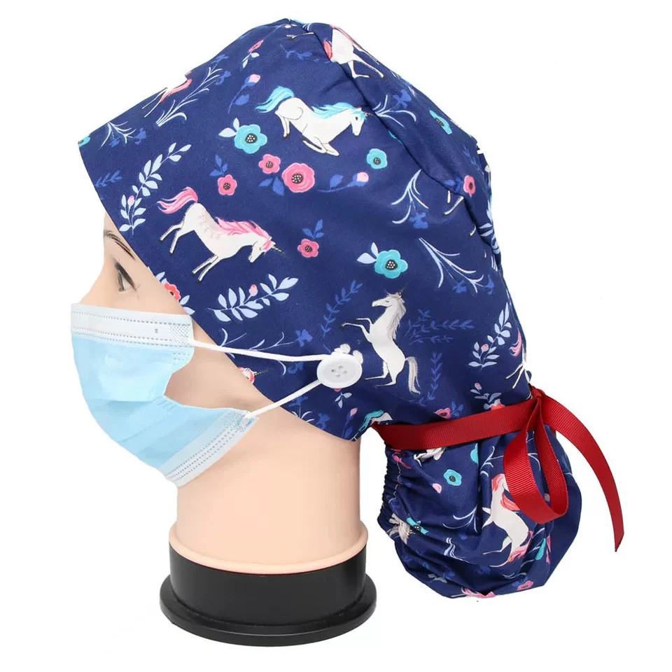 

Women Nurse Long Hair Scrub Hat With Buttons Ribbons Ponytail Cap, Solid dyed&printed