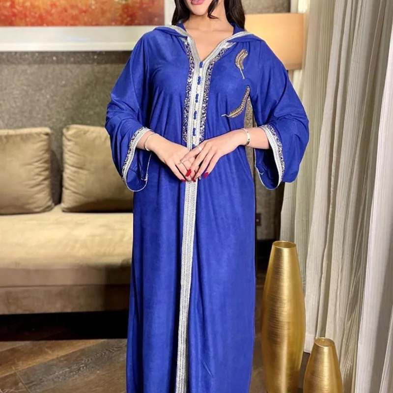 

East Ramadan Abaya Dubai Muslim wedding dress Islamic long Sleeves Solid Blue Cardigan dress