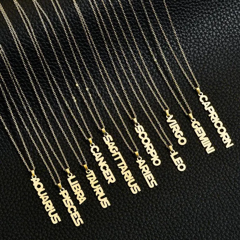 

New Design Stainless Steel Vertical Zodiac Sign Necklace 12 Zodiac Name Letter Necklace Women