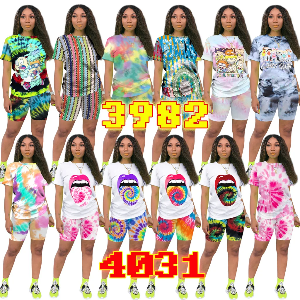 

12 Colors Fashion Tie dye Printed Two Piece Sets Women Short Sleeve T Shirt And Shorts Suit Casual Sport Clothing plus size 4XL, Gray,yellow,orange,white