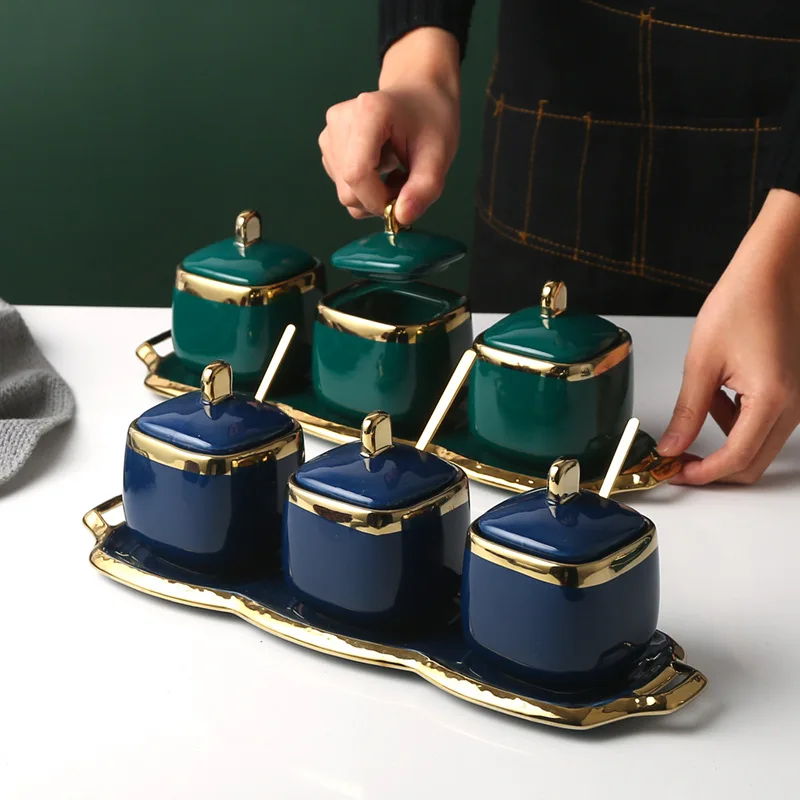 

Nordic Light luxury gold plated emerald ceramic Spice jar set seasoning box with spoon and lid,oil Soy sauce can wholesale, Customized color