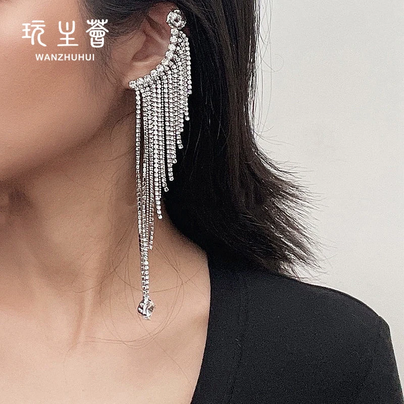 

Europe design rhinestone tassel earrings women exaggerate long 925 silver needle big earrings jewelry