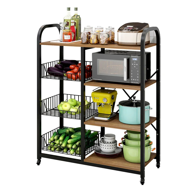 

Hot selling metal MDF multi-layer storage rack for microwave oven kitchen storage shelf with baskets and wheels rack organizer