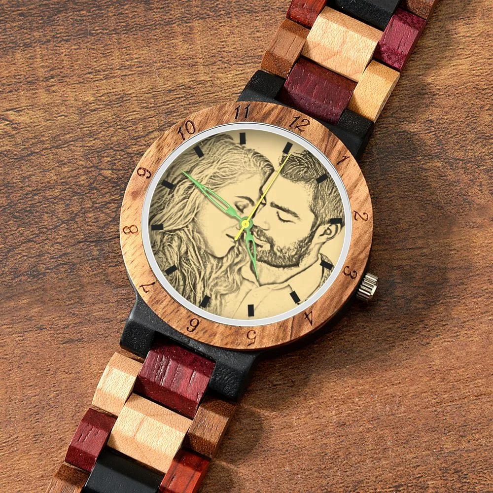 

45mm Dropshipping Photo Engraved Watches Men Relojes De Madera Watch Sketch Effect Oem Custom Logo Wooden Watch