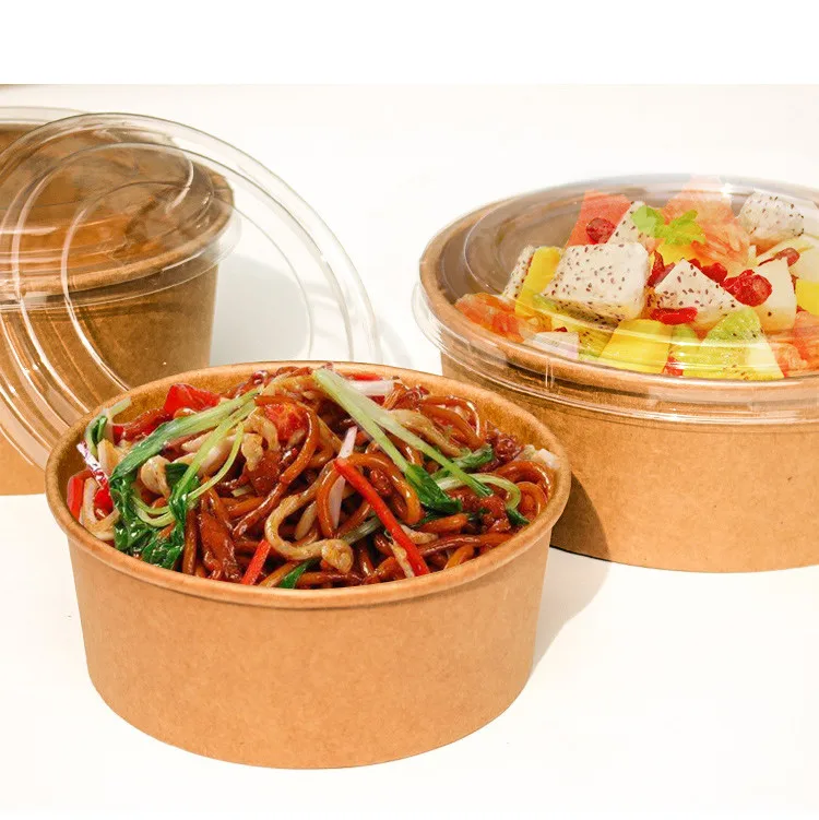 

Factory price 500ML disposable kraft paper salad soup bowl food grade paper food container with lid, Brown kraft paper