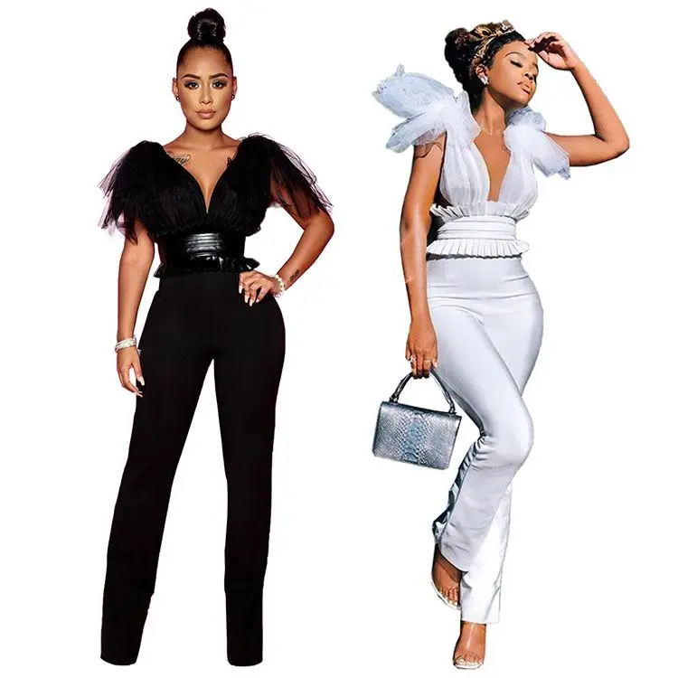 11AF607 hot sale transparent mesh bow knot top pu belt Wholesale Women One Piece Jumpsuits