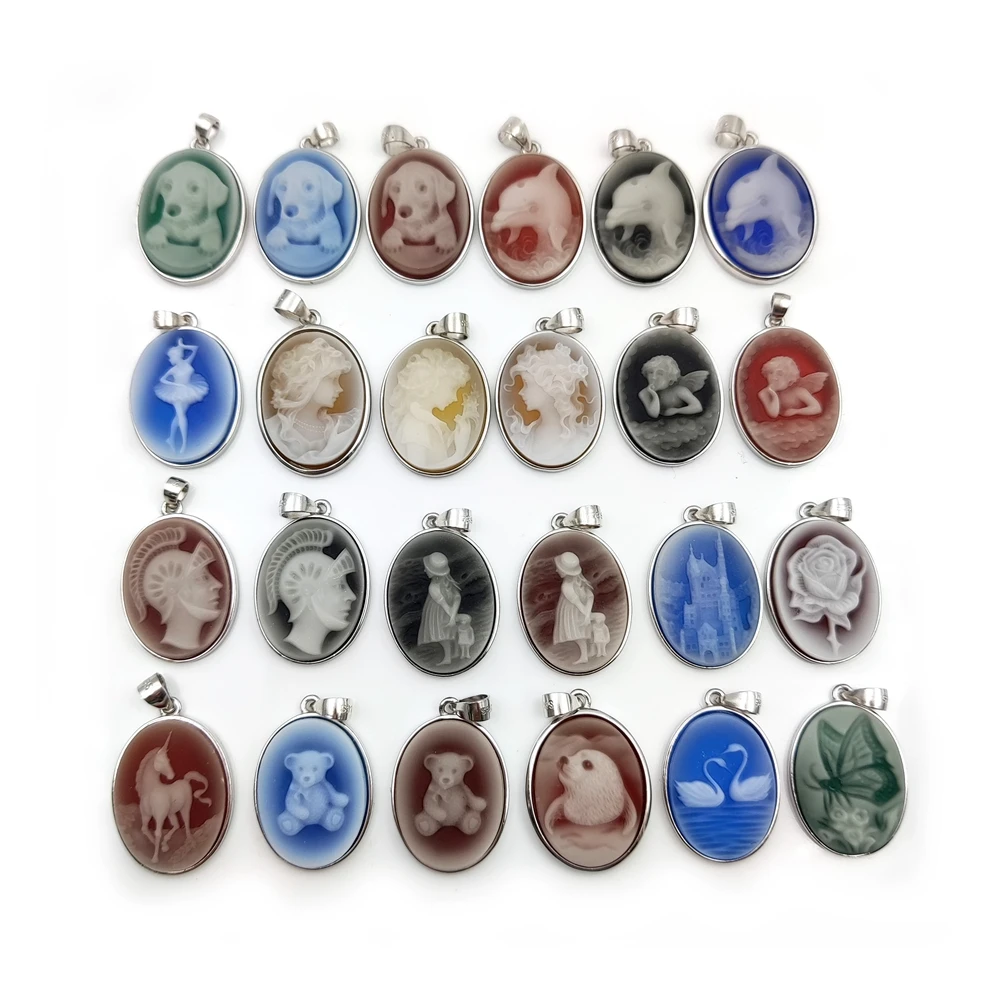 

High Quality Carved Agate Cameo Oval Cabochon Butterfly Gemstone Natural Unicorn Pendants 925 Sterling Silver for Jewelry Making, Blue, black, yellow, red etc.