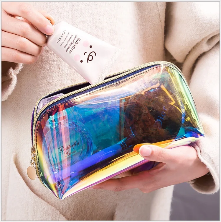 

Luxury Personalized Logo TPU Cosmetic Bags Laser Holographic Transparent Makeup Zipper Bag for Women