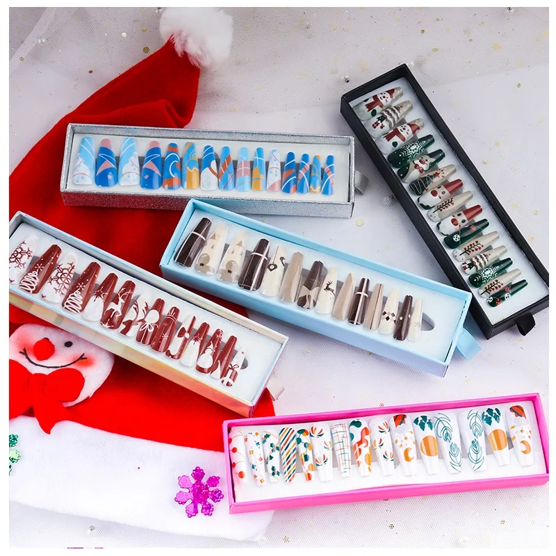 

2021 New wholesale luxury long press on nails custom press on nail box packaging, Multi color