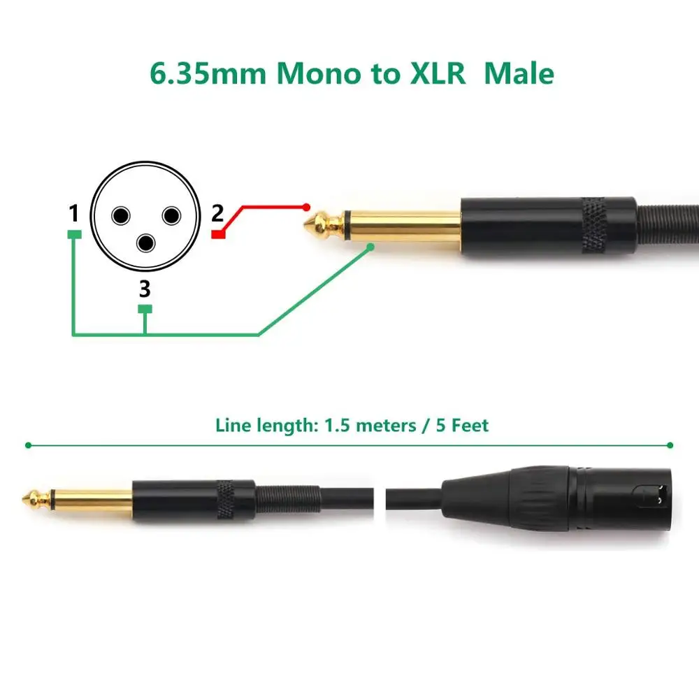 
6.35mm TRS Male to 3 PIN XLR Male Balanced Cable Black 6ft 
