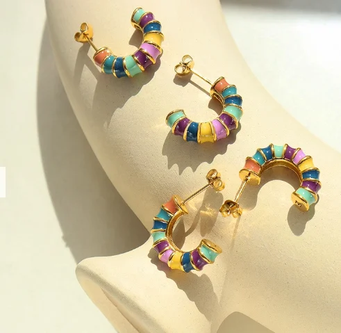 

Mingxi New Design Enamel Hoop Earrings Style Geometric Bamboo Oil Drip Colorful Stainless Steel Enamel Hoop Earrings