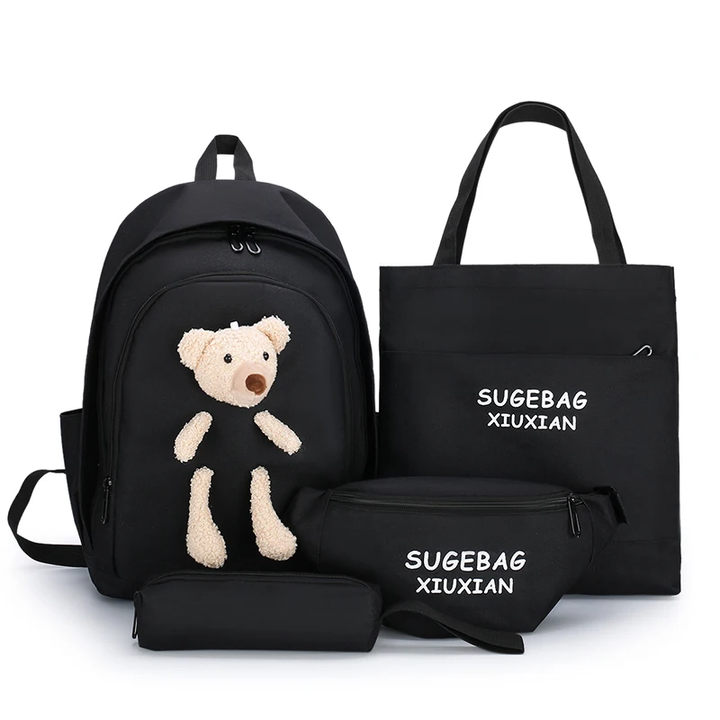 

Wholesale cute backpack waist bag tote bag polyester 4 pieces girl big bear school backpack teen bag