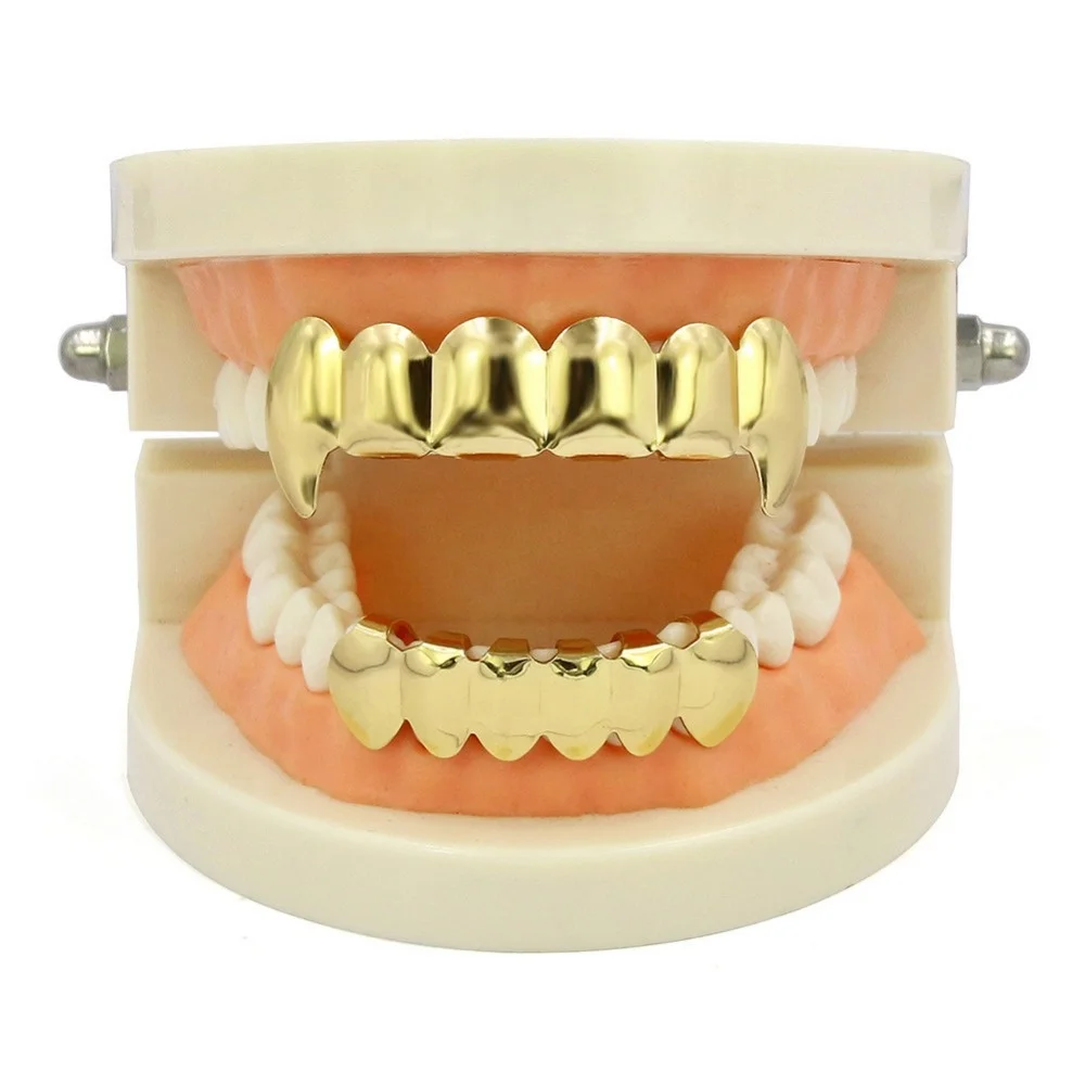 

Hip Hop Jewelry Rapper Plain Gold Mouth Teeth Vampire Grillz Smooth Bright 6 Top Tooth& 6 Bottom Men's Teeth Grills