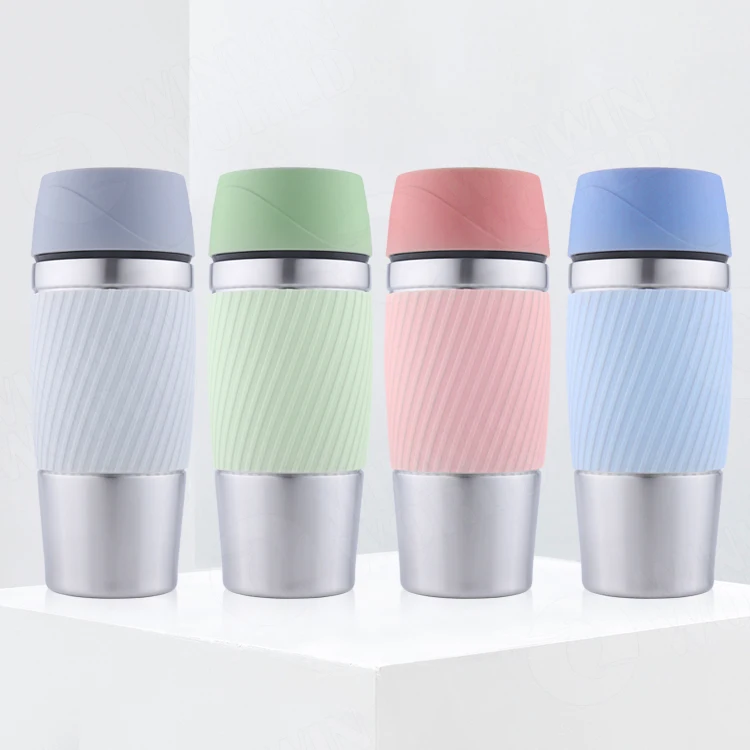 New design thermos stainless steel coffee travel mug with non-slip silicone sleeve&leakproof lid, vacuum mug for coffee&tea