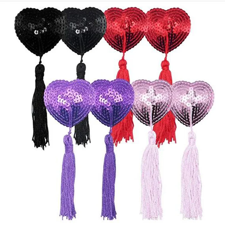 1Pair Tassel Sequin Heart Adhesive Silicone Breast Pasties Nipple Cover Stickers