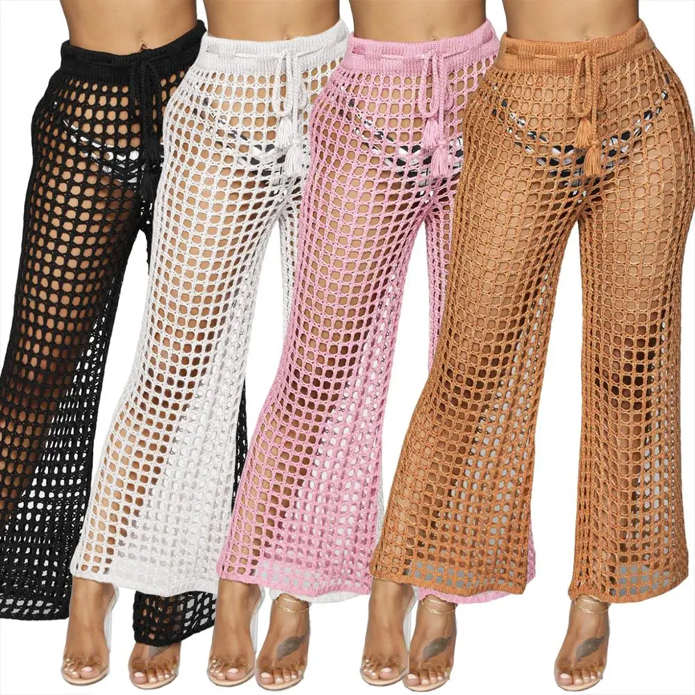 

Pantalones De Mujer Women Mesh Wide Leg Pants Crocheted Fishnet Pants Trousers, As picture or customized make