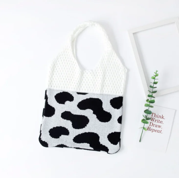 

Japanese simple cute polka dots customized jacquard fashion shopping bag animal cow/leopard pattern shoulder knitted bag, Customizable