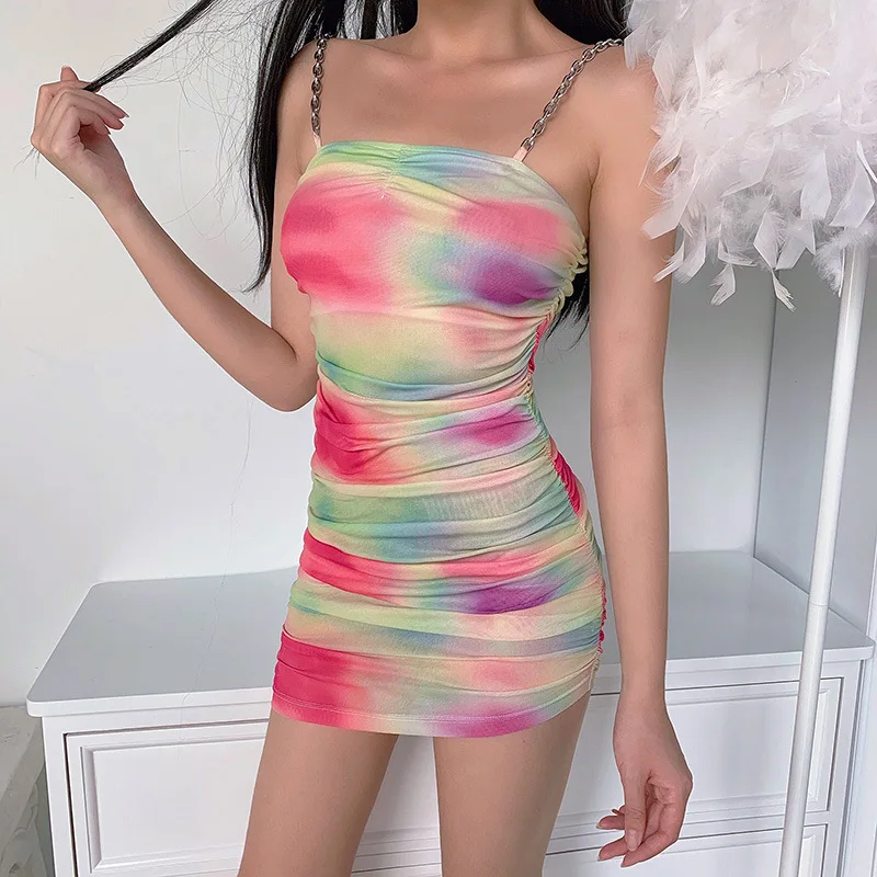 

2020 new arrivals summer collection spaghetti strap women tie dye sexy bodycon ruched casual dresses