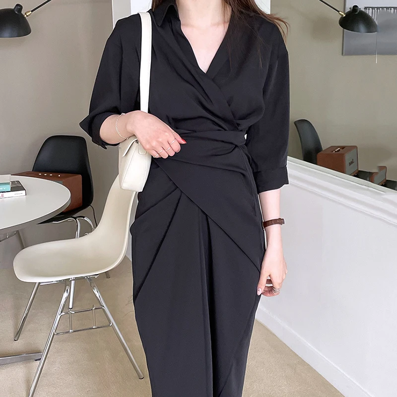 

Wholesale 2021 Autumn Korean Chic Minimalist French Lapel Cross Elegant Commuting Design Slim High Waist Half Sleeve Women Dress