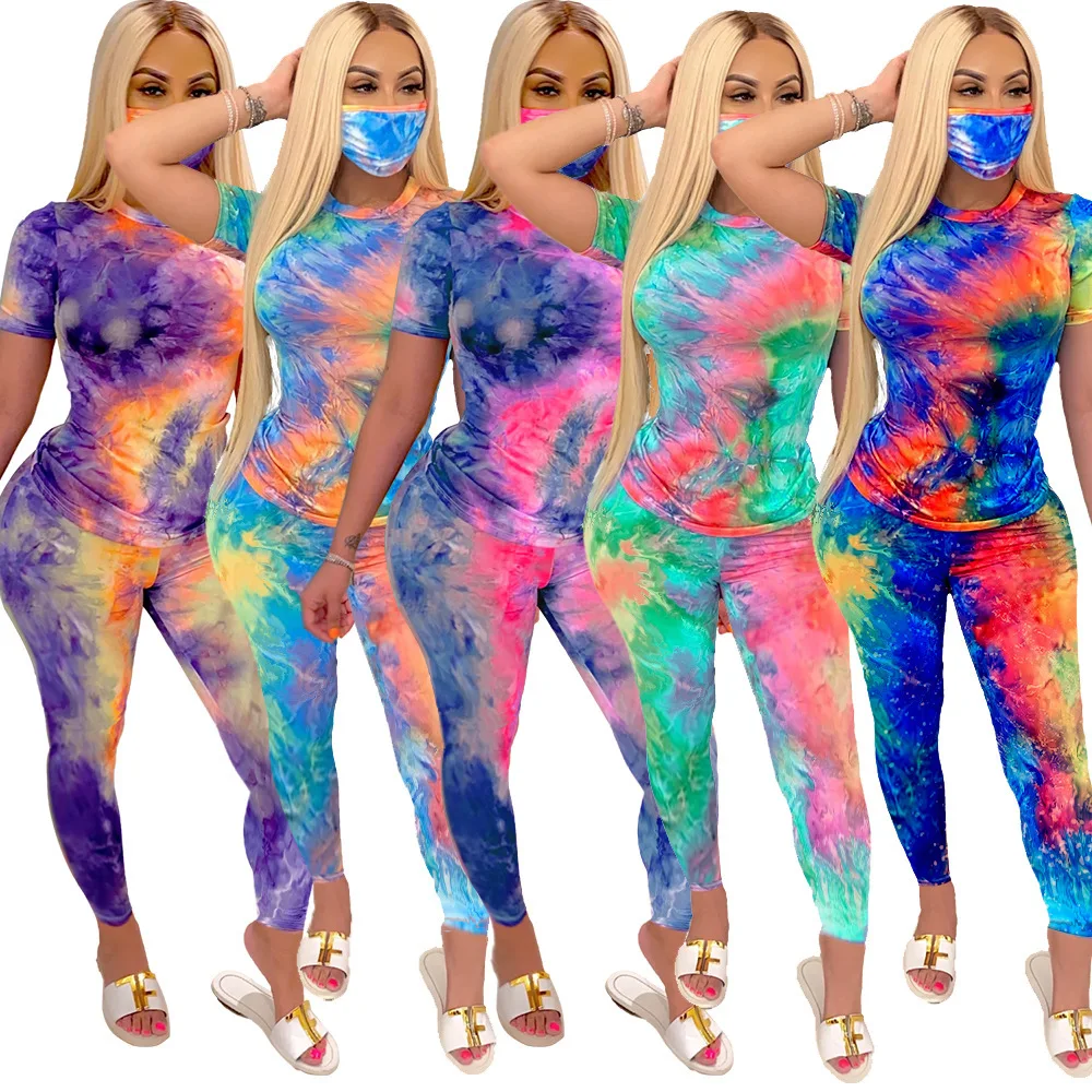 

2021 women's tie dye two piece suit leisure fashion home sports pants set (including mask), Picture showed