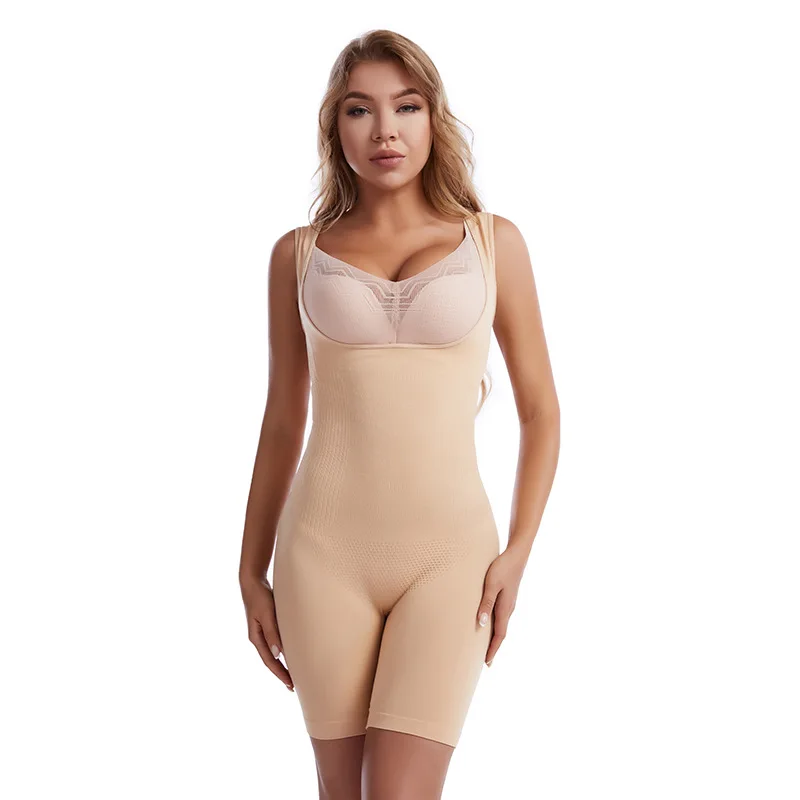 

Seamless Tummy Control Shaperwear Women Fajas Bodysuit Adjustable Strap Mid Thigh Abdomen Postpartum BodyShaper, Skin and black brown
