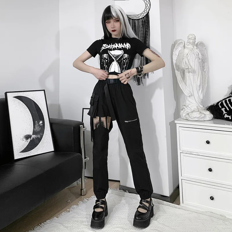 

Ecowalson Goth Black Cargo Pants Punk Streetwear Hollow Out Big Pocket Trousers Harajuku Grunge High Waist Buckle Zipper Pants