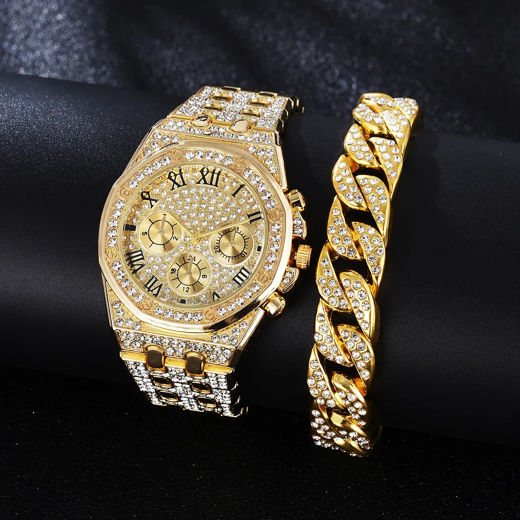 

Factory Wholesale Women Alloy Watches Jewelry Set Luxury Full Diamond Quartz Wrist Watches Bracelet Set For Ladies