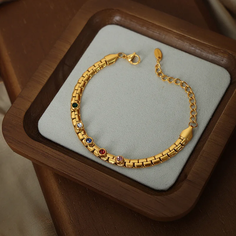 

Waterproof Jewelry 18K Gold Plated Colorful Round Cubic Zirconia Bracelet Stainless Steel Chunky Bracelets For Women YF3640