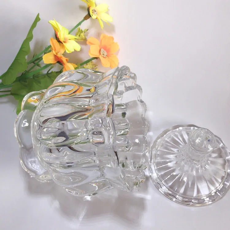 
Wholesale Fashion Flower Shape Design Crystal Clear Glass Snacks or Sugar Bowl With Lid 