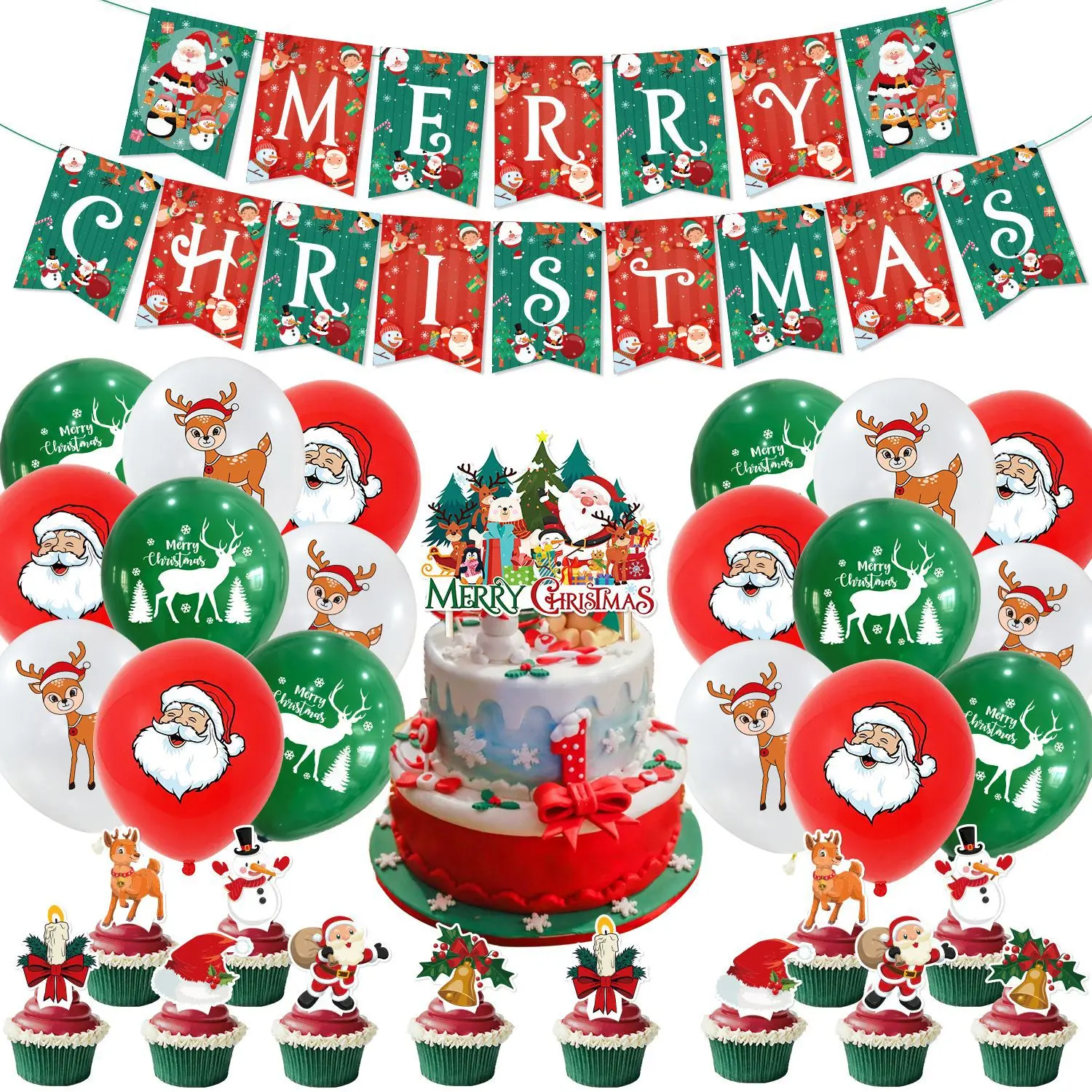 

DAMAI Merry Christmas Party Decorations Banner Cake Toppers Santa Claus Balloons Bell Cupcake Toppers for Christmas