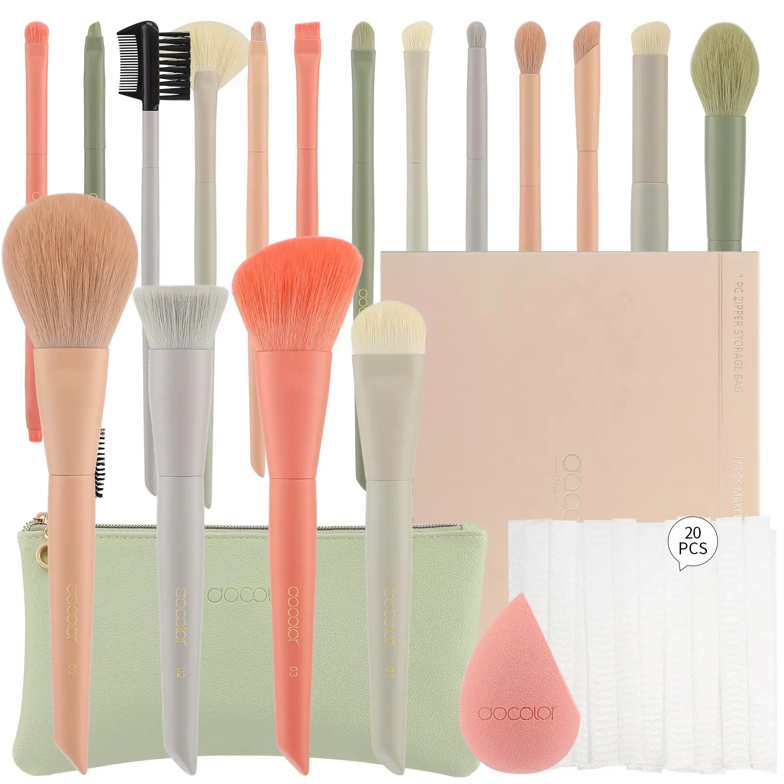 

17Pcs Morandi Makeup Brushes with Makeup Bag and Sponge and Brush Protector Professional Face Powder Kabuki Foundation Blush