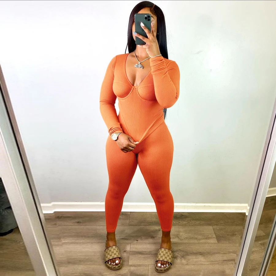 

Kliou K21S00779 Spring/Summer Long Sleeve Deep V Pants Fashion Elastic Tight Knit Set New women's set for 2021
