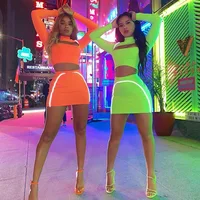 

2019 Sexy Crop Tops Full Sleeve Mini Skirt Sets Reflective Bodycon NightcLUB Dance Neon Fluorescence Color