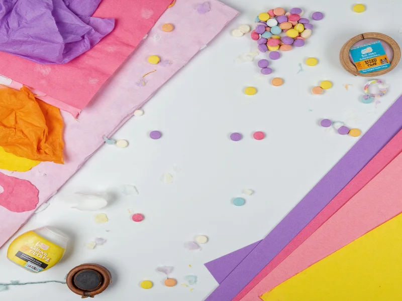 Tissue paper crafting toolkit with glue dots and recycled cardstock