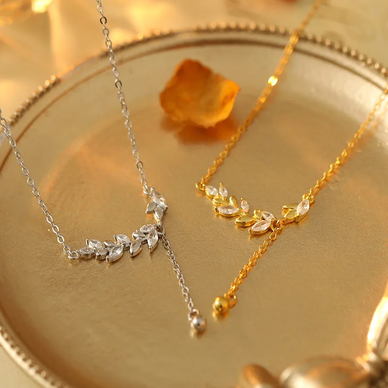 Wholesale Fashion Jewelry 925 Sterling Silver Wheat Shape Long Tassel Chain Small Zircon Gold Plated Necklace Jewelry for Women