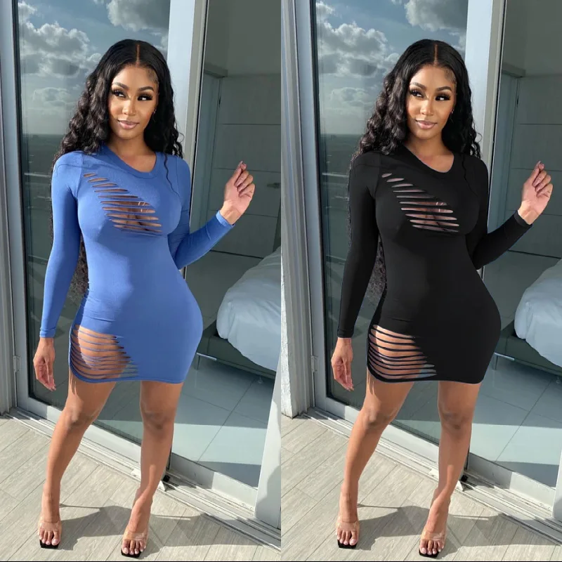 

Summer sexy leisure hollow out collect waist solid color large size long sleeve bodycon dress, 4 colors