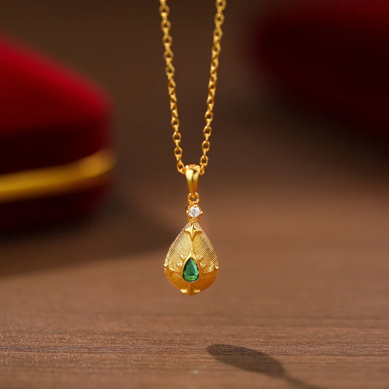 

Vintage 2024 luxury 925 sterling silver tear drop necklace 18k gold green zircon pendant water drop necklace