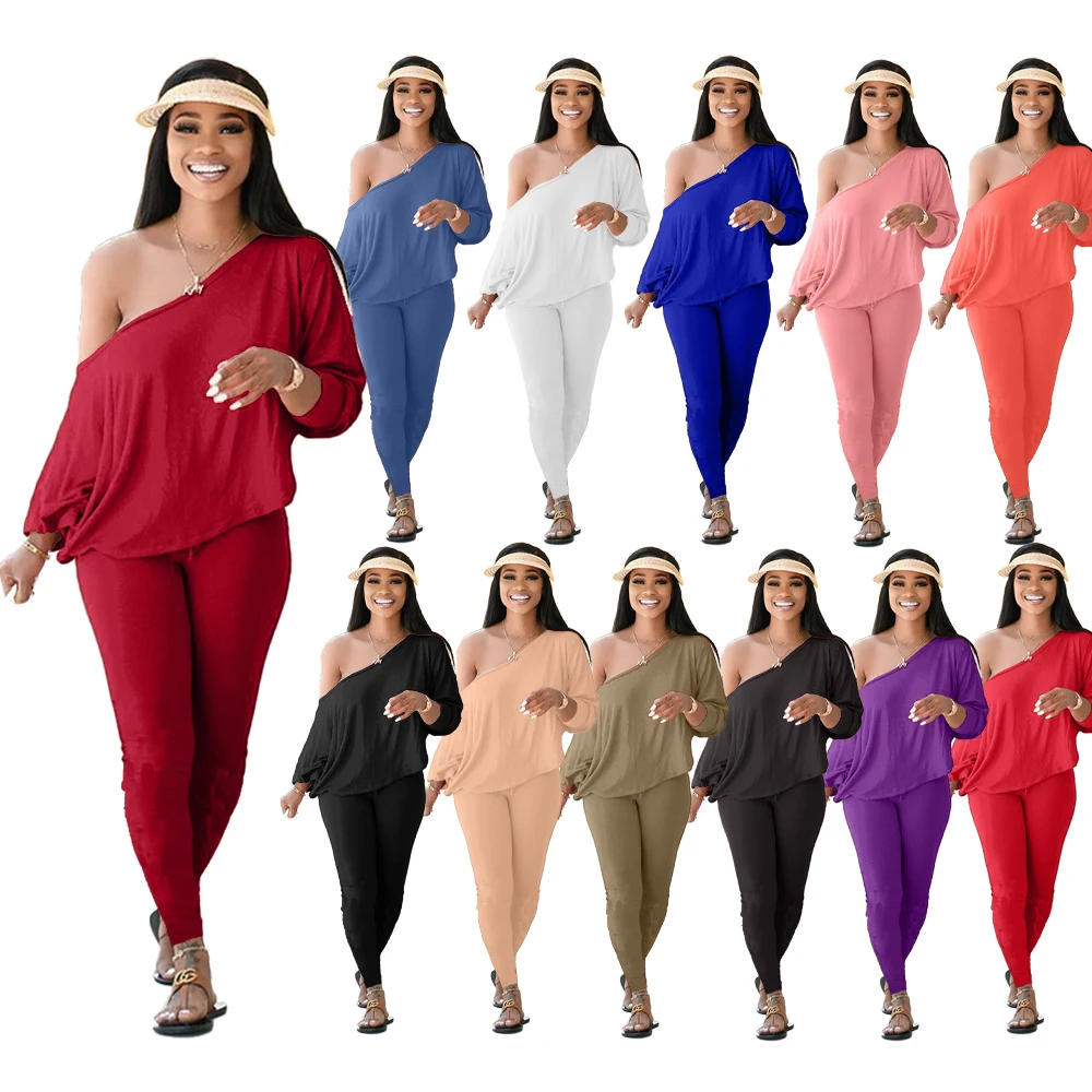 

New Wholesale sales plus size womens sports and leisure suit 2 piece set with sloping shoulder loose and comfortable Womens wear