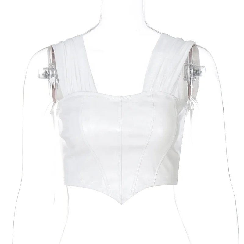 

Sexy Fashion Halter Mesh Sleeves Pu Leather Camisole