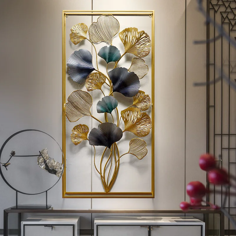

Creative Handmade Three-Dimensional Wrought Iron Wall Decoration Modern Golden Frame Ginkgo Leaf Wall Metal Decoration For Home, Multi-colored