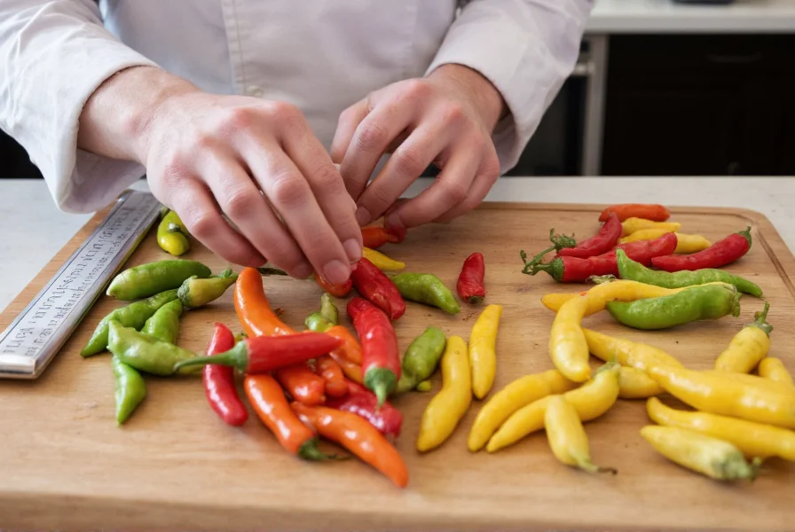 Chef carefully measuring fresh peppers of various colors and sizes on kitchen counter with Scoville scale reference chart