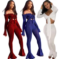 

2019 New Design Winter Women Ruffled Long sleeve Crop Top Pants Suit Sexy Two Pieces Set Outfit