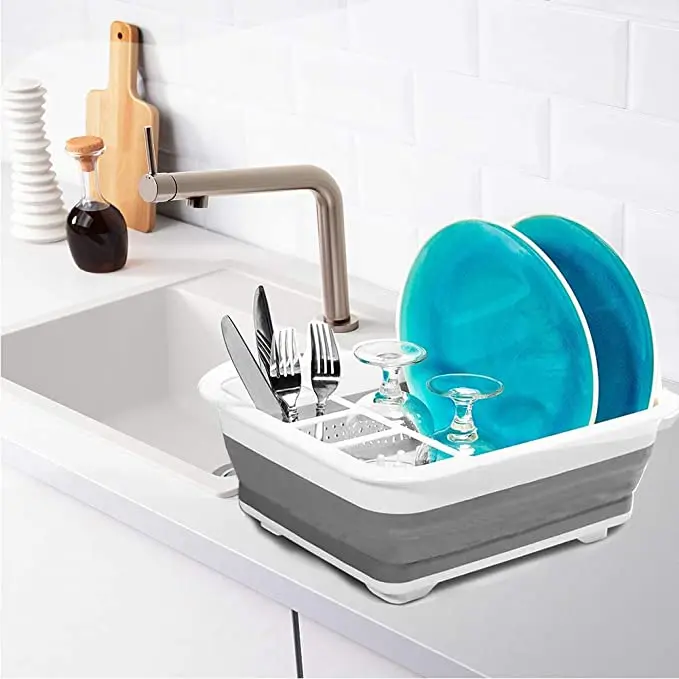 

Collapsible Plastic Dish Drainer- Folding Plastic Drying Rack Set - Portable Dinnerware Organizer