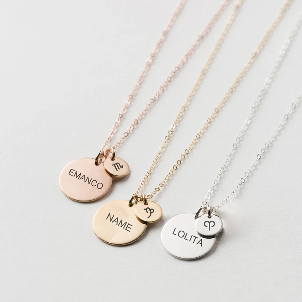 

316l Stainless Steel 14k 18k Gold Plated Double Discs Custom Zodiac Signs Coin Layered Necklace Sets, 14k gold, silver, rose gold