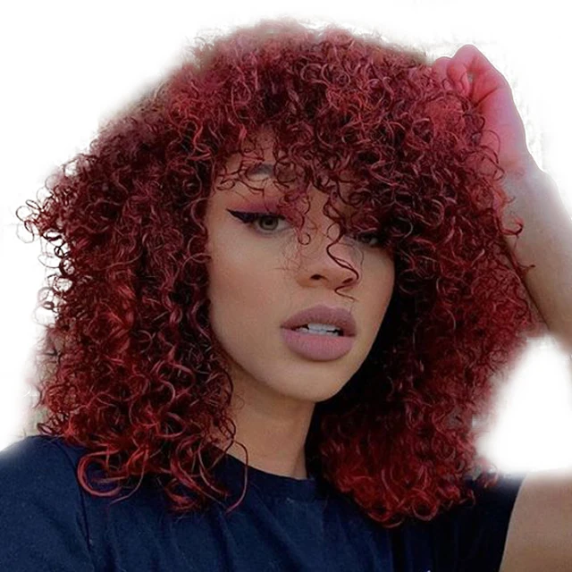 

Onst Wholesale 12inches Afro Kinky Curly Wig Synthetic Short Wig Synthetic Headband Wig for Black Natural Women with Bangs Pink, Pic showed